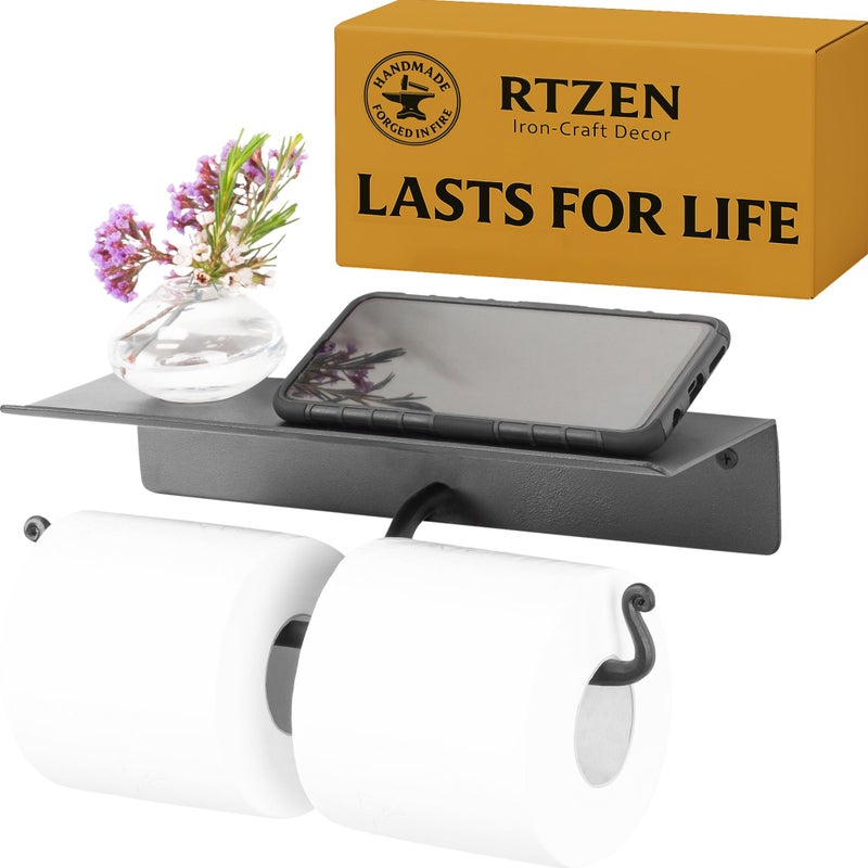 RTZEN Bathroom Toilet Paper Holder with Shelf - Handcrafted Rustic Wrought Iron Wall Decor Toilet Roll Holder - Black Matte Wall Mount Bar for Modern Farmhouse Bathroom Decor - Image 1
